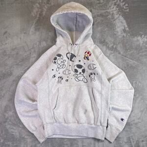 Y2K Champion Reverse Weave Mario Toad Hoodie Gray Nintendo Mens XS